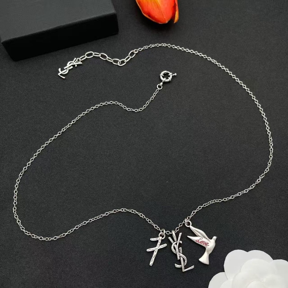 YSL Saint Laurent Dove Love Logo Multi Charm Silver Necklace